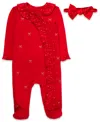 Baby Essentials Baby Girls All-over Bow Footed Coverall And Headband, 2-piece Set In Red