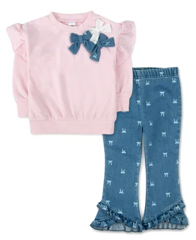 Baby Essentials Baby Girls' Bow Cotton-blend Long-sleeve Sweatshirt And Flare Pants, 2-piece Set In Blue