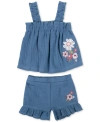 BABY ESSENTIALS BABY GIRLS COTTON CHAMBRAY TOP AND SHORTS, 2 PIECE SET