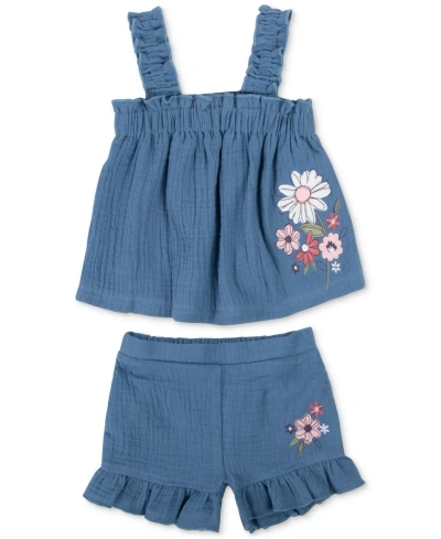 Baby Essentials Baby Girls Cotton Chambray Top And Shorts, 2 Piece Set In Navy