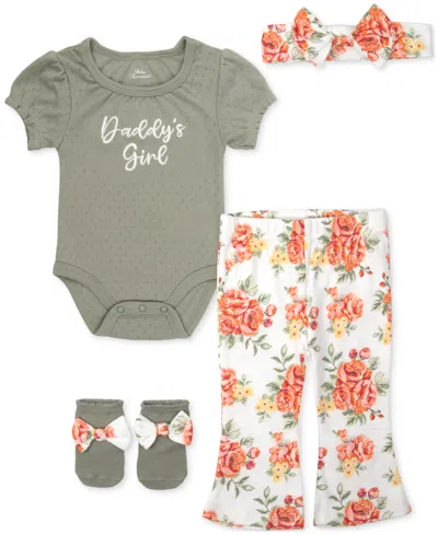 Baby Essentials Baby Girls Daddy's Girl Bodysuit, Headband, Flare Pants & Socks, 4 Piece Set In Green