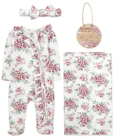Baby Essentials Baby Girls' Floral Print Coverall, Blanket, Headband And Wood Sign, 4-piece Set In White