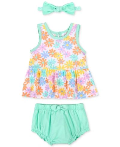 Baby Essentials Baby Girls Flower-print Top, Bloomer And Headband, 3 Piece Set In Aqua