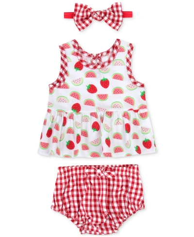 Baby Essentials Baby Girls Fruit-print Top, Bloomer And Headband, 3 Piece Set In Red