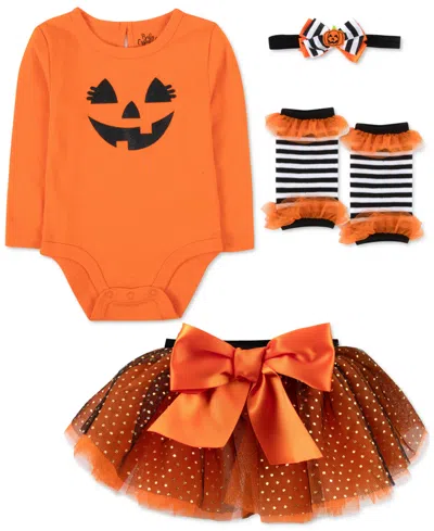 Baby Essentials Baby Girls Halloween Pumpkin Bodysuit, Tutu, Headband & Legwarmers, 4 Piece Set In Orange