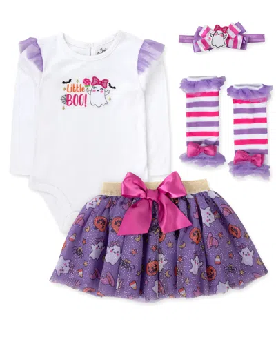 Baby Essentials Baby Girls' Little Boo Bodysuit, Skirts, Leg Warmers And Headband, 4-piece Set In Purple