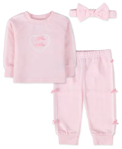 Baby Essentials Baby Girls' Long-sleeve Fleece Bow Sweatsuit Top, Pants, And Headband, 3-piece Set In Pink