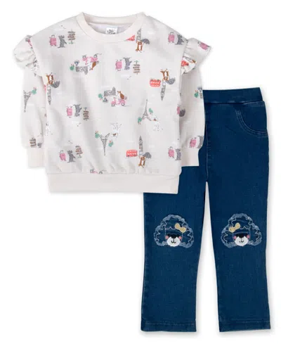 Baby Essentials Baby Girls' Paris Elastic-waist Travel-inspired Print Sweatshirt And Flare Pants, 2-piece Set In Blue