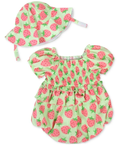 Baby Essentials Baby Girls Strawberry-print Romper And Hat, 2 Piece Set In Multi