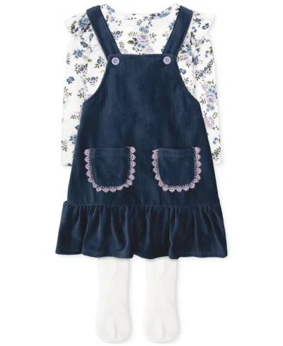Baby Essentials Baby Girls Velour Rib Knit Jumper, Floral-print Shirt & Footed Tights, 3 Piece Set In Blue
