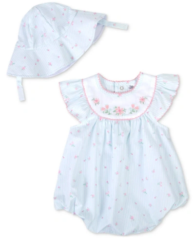 Baby Essentials Baby Girls Woven Cotton Floral-print Romper And Hat, 2 Piece Set In Navy