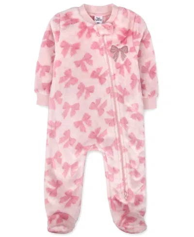 Baby Essentials Baby Girls' Zipper-closure Fleece Bow-print Footie In Multi