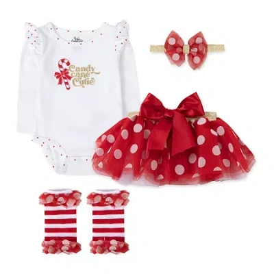 Baby Essentials Candy Cane Cutie Baby Girls 4-pc. Baby Clothing Set In Burgundy