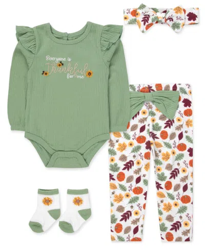 Baby Essentials Babies' Girls' 0-5t Thankful Long-sleeve Ribbed Thanksgiving 4-piece Set In Multi