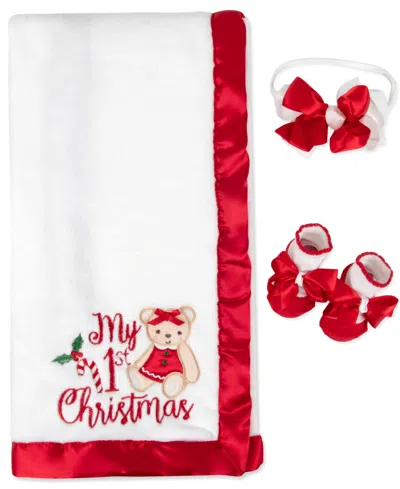 Baby Essentials Babies' My 1st Christmas Plush Blanket, Bow Headband And Socks, 3-piece Set In Multi