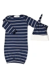 Baby Grey By Everly Grey Stripe Gown & Hat Set In Navy