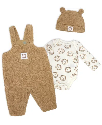 Baby Mode Baby Boys' And Baby Girls' Lions Print Overall, Bodysuit And Cap, 3-piece Set In Brown