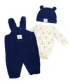 Baby Mode Baby Boys' Bears Print Overall, Bodysuit And Cap, 3-piece Set In Blue