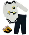 BABY MODE BABY BOYS CONSTRUCTION LONG SLEEVE BODYSUIT, PANTS AND SOCKS, 3 PIECE SET