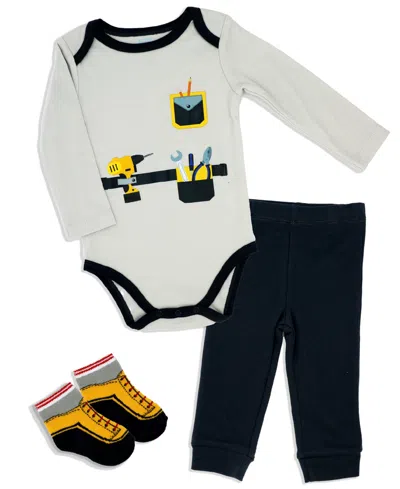 Baby Mode Baby Boys Construction Long Sleeve Bodysuit, Pants And Socks, 3 Piece Set In Gray And Black
