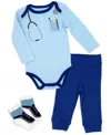 BABY MODE BABY BOYS DOCTOR LONG SLEEVE BODYSUIT, PANTS AND SOCKS, 3 PIECE SET