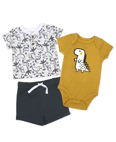 Baby Mode Baby Boys' Short-sleeve T-shirt, Bodysuit And Shorts, 3-piece Set In Gold,gray