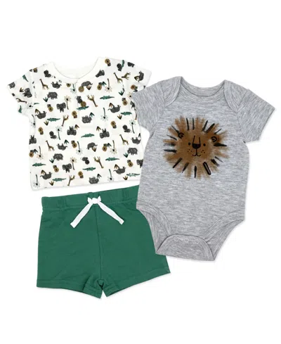 Baby Mode Baby Boys' Short-sleeve T-shirt, Bodysuit And Shorts, 3-piece Set In Green,gray