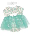 BABY MODE BABY GIRLS 2 PIECE AQUA FLORAL ROMPER WITH TULLE OVER SKIRT AND MATCHING HEADBAND