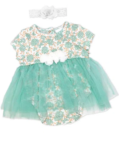 Baby Mode Baby Girls 2 Piece Aqua Floral Romper With Tulle Over Skirt And Matching Headband