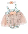 BABY MODE BABY GIRLS 2 PIECE PEACH FLORAL ROMPER WITH TULLE OVER SKIRT AND MATCHING HEADBAND