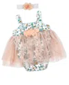 Shop Baby Mode Baby Girls 2 Piece Peach Floral Romper With Tulle Over Skirt And Matching Headband