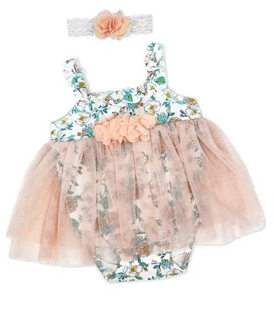 Baby Mode Baby Girls 2 Piece Peach Floral Romper With Tulle Over Skirt And Matching Headband