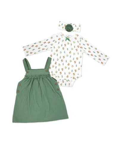 Baby Mode Baby Girls' Fall Sprigs Print Jumper, Bodysuit And Headband, 3-piece Set In Green