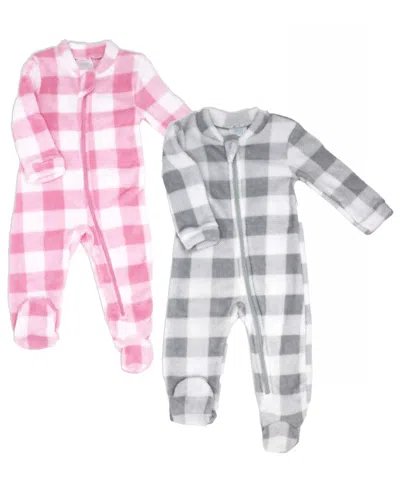 Baby Mode Baby Girls Fleece Zippered Footies, Pack Of 2 In Pink And Gray
