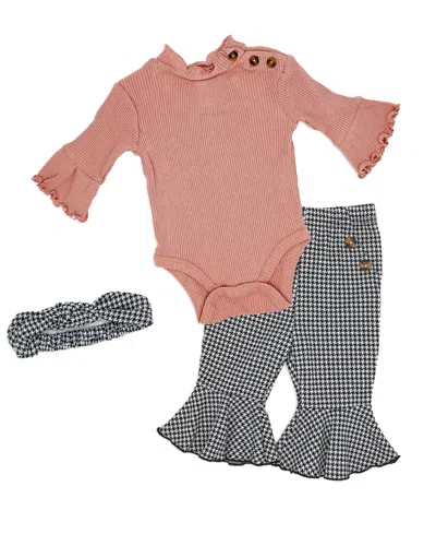 Baby Mode Baby Girls Houndstooth Ponte Bell Pant, Bodysuit And Headband, 3-piece Set In Pink,black