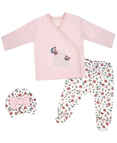Baby Mode Baby Girls' Long-sleeve Top, Pant And Cap, 3-piece Set In Multi