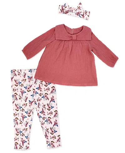Baby Mode Baby Girls' Long-sleeve Top, Pant And Headband, 3-piece Set In Pink