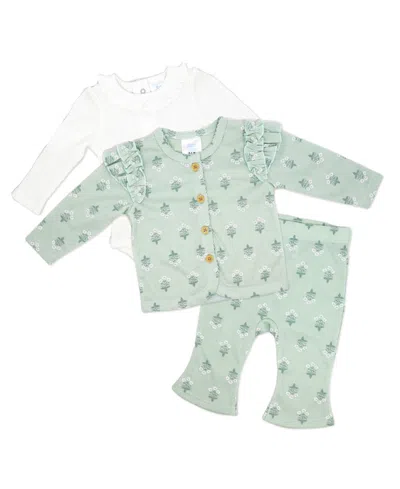 Baby Mode Baby Girls Misty Rose Bell Bodysuit, Pants And Jacket, 3-piece Set In Bright Sage