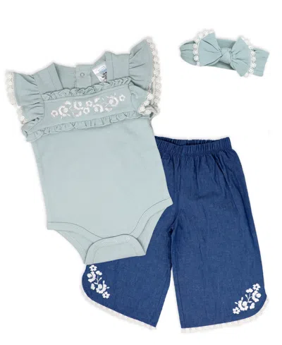 Baby Mode Baby Girls' Short-sleeve Bodysuit, Denim Pant And Headband, 3-piece Set In Blue