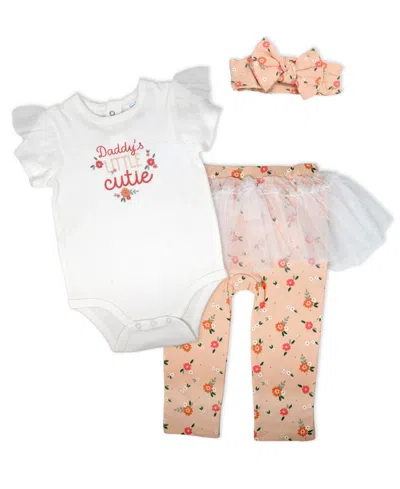 Baby Mode Baby Girls' Short-sleeve Bodysuit, Pant And Headband, 3-piece Set In Orange