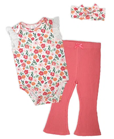 Baby Mode Baby Girls' Short-sleeve Bodysuit, Pant And Headband, 3-piece Set In Pink