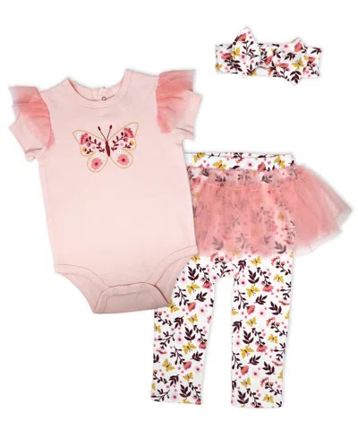 Baby Mode Baby Girls' Short-sleeve Bodysuit, Pant And Headband, 3-piece Set In Pink