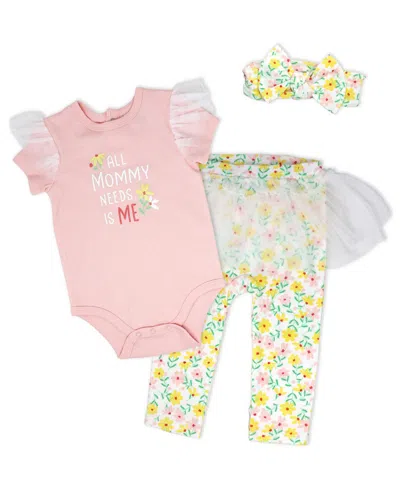 Baby Mode Baby Girls' Short-sleeve Bodysuit, Pant And Headband, 3-piece Set In Pink