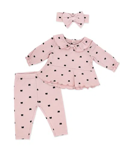 Baby Mode Baby Girls' Tiny Bows Print Top, Leggings And Headband, 3-piece Set In Pink