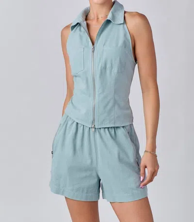 Baby Pink Chambray Vest And Short Set In Light Blue