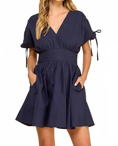 Baby Pink Double V-neck Dropped Shoulder Mini Dress In Navy In Blue
