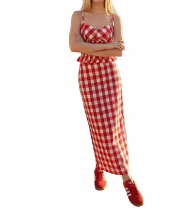 Baby Pink Gingham Sweetheart Top And Midi Skirt Set In Red/white In Multi