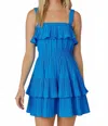 Baby Pink Pleated Tiered Elastic Detail Mini Dress In Blue In Blue