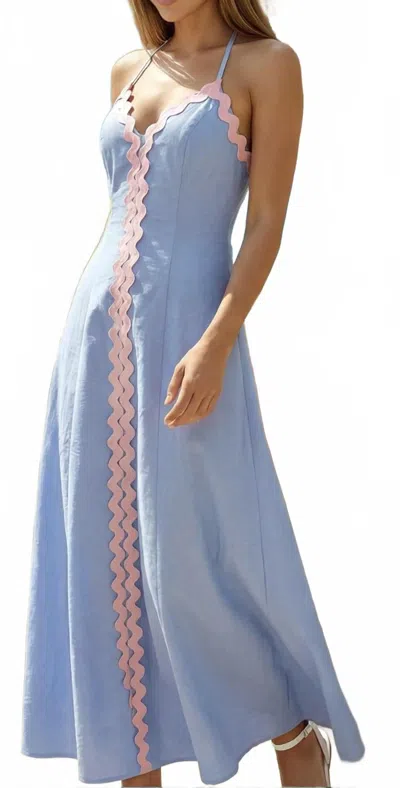 Baby Pink Scalloped Trim Halter Maxi Dress In Blue