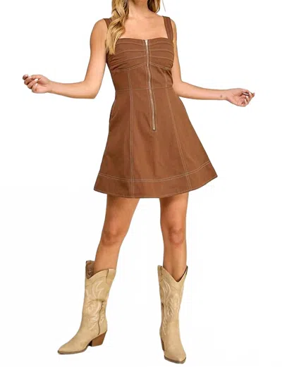 Baby Pink Sleeveless Zip-up Denim-style Mini Dress In Mocha Latte In Multi